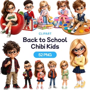 Puede incluir: Una colección de imágenes prediseñadas digitales que muestran niños estilo chibi con gafas en varios entornos escolares, sentados sobre una manzana gigante, bloques de letras, libros y una paleta, con el texto Back to School Chibi Kids 52 PNG.