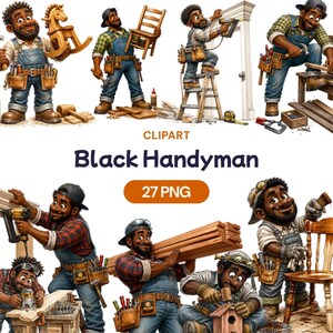 Puede incluir: Ilustración digital que presenta a un hombre negro en varias poses, usando herramientas y trabajando con madera. También está presente el texto "Black Handyman" y "27 PNG".