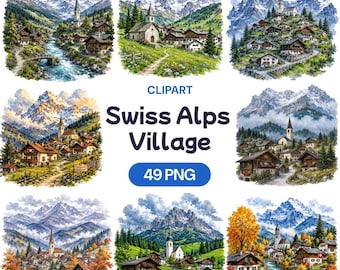Swiss Alps Village Clipart Bundle, Watercolor Mountain Town Graphics (49 PNG)