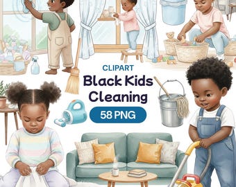 Clipart de niños negros de acuarela limpiando, 58 PNG de niños afroamericanos, gráficos de tareas domésticas, ilustración de melanina en el hogar, conjunto de ayudantes pequeños