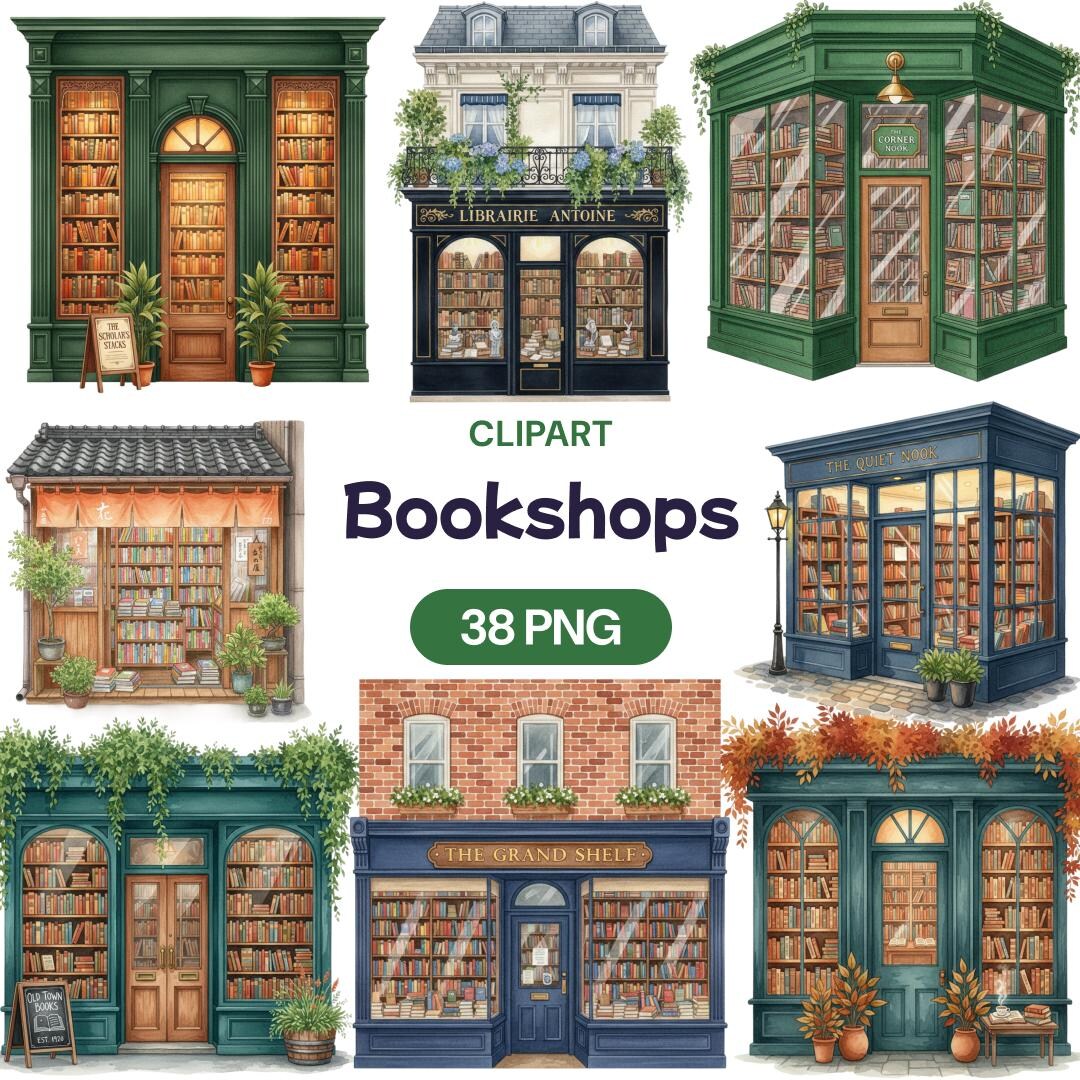 Storefront Library Bookshops Clipart, 38 Watercolor Bookstore PNG, Vintage Storefront ...