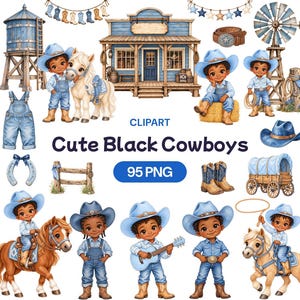 Puede incluir: Una colección de imágenes digitales titulada Cute Black Cowboys 95 PNG que presenta ilustraciones de niños con sombreros de vaquero azules y petos de mezclilla, un salón de madera, ponis, un molino, una torre de agua, una carreta y una guitarra.