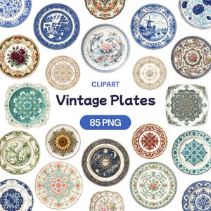 Pode incluir: Uma coleção de pratos vintage com vários designs, incluindo motivos florais, paisagísticos e celestiais. Os pratos são de diferentes formas e tamanhos, com uma variedade de cores como azul, verde e dourado. O texto "Vintage Plates" e "85 PNG" também é visível.