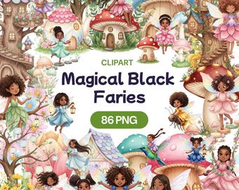 Magical Black Fairies Clipart – 86 PNG Watercolor Garden Fairy Illustrations, Kawaii Afro Hair Fantasy Digital Art Set