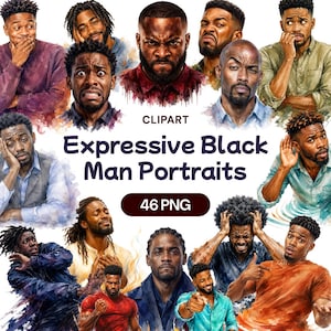 May include: A digital collection of watercolor-style illustrations featuring various Black men with diverse facial expressions and hairstyles. The text reads CLIPART Expressive Black Man Portraits 46 PNG, showcasing a range of emotions.