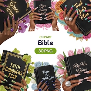 May include: A digital clipart image showing black books with gold lettering and floral arrangements. The books display phrases such as "Grace Wins," "Love Never Fails," and "Faith Conquers Fear." The word "Bible" is also present.