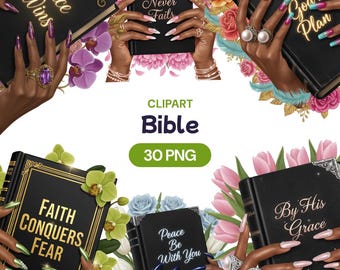 Imágenes prediseñadas de la Biblia / Conjunto de imágenes PNG con citas de fe / Arte de las Escrituras Cristianas, Mano de mujer negra sosteniendo la Biblia, Gráficos florales religiosos imprimibles