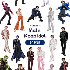 May include: A collection of digital clipart featuring various K-pop idols in diverse outfits, including metallic jackets, tailored suits, and streetwear. The central text reads CLIPART Male Kpop Idol 94 PNG, showcasing multiple poses.