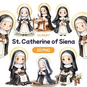 Könnte beinhalten: Aquarell-Clipart mit mehreren Illustrationen der Heiligen Katharina von Siena. Die Bilder zeigen sie in einem schwarzen Habit und weißem Schleier, einige halten Bücher, ein Kreuz oder schreiben. Der Text "St. Catherine of Siena" und "20 PNG" ist ebenfalls enthalten.