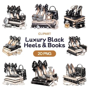 Op de afbeelding: Een digitale clipart-collectie met acht verschillende arrangementen van zwarte hoge hakken, gestapelde boeken, handtassen, parfumflesjes, parelkettingen en diamanten. De centrale tekst luidt CLIPART Luxury Black Heels & Books 20 PNG.