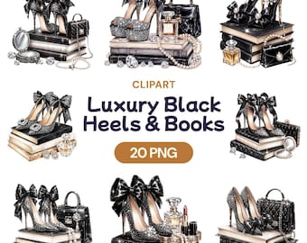 Luxury Black Heels Books Clipart, Elegant Fashion PNG, Designer Shoe Art