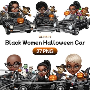 以下が含まれることがあります： クモの巣、カボチャ、ハロウィーンのキャラクターで飾られた、黒人女性が運転するヴィンテージの黒い車をフィーチャーしたデジタルクリップアート。画像には「Black Women Halloween Car」と「27 PNG」というテキストが含まれています。
