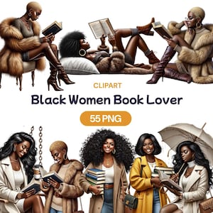 Zwarte vrouwen boekenliefhebber clipart, schattig aquarel Afro-Amerikaans meisje lezen png, vrouwelijke boekenwurm, enthousiaste lezer dame, licentie commercieel gebruik