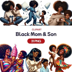 Clipart maman noire, PNG heureuse fête des mères, fils garçon afro-américain aquarelle mignon, graphiques transparents, love Mama, licence d'utilisation commerciale