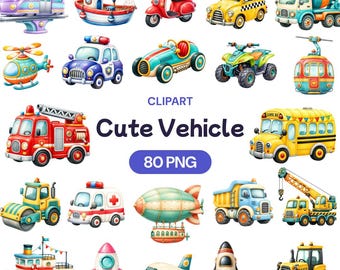 Cute Vehicle Clipart, Watercolor Car PNG, Kids Transportation Graphic, Cartoon Truck Art, Construction Tractor Decor, Boy Playroom Design