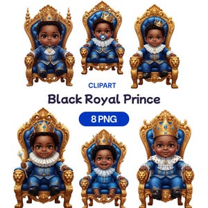 Pode incluir: Ilustração digital com seis imagens de um Príncipe Real Negro. Cada príncipe está vestido de azul e dourado, usando uma coroa e sentado em um trono dourado. A imagem inclui o texto "CLPART" e "Black Royal Prince 8 PNG".