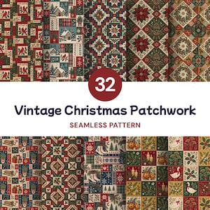 May include: A collection of 32 seamless digital patterns featuring Christmas patchwork designs. The imagery includes red cardinals, winter cabins, poinsettias, pinecones, wreaths, bells, candles, ice skates, and geese in red, green, and cream colours.