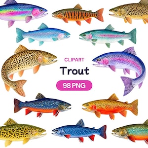 Puede incluir: Una colección de doce ilustraciones coloridas de truchas con varios patrones y especies, incluyendo escamas moteadas, rayadas e iridiscentes. El texto central dice CLIPART Trout 98 PNG, presentado en un formato gráfico digital claro y organizado.