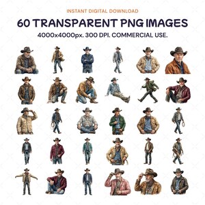 May include: Digital download of 60 transparent PNG images of cowboys in various poses. The images are 4000x4000px at 300 DPI, suitable for commercial use. Cowboys are wearing hats, jackets, and jeans.