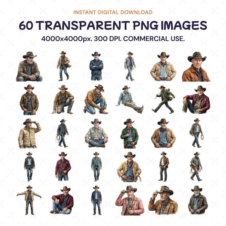 May include: Digital download of 60 transparent PNG images of cowboys in various poses. The images are 4000x4000px at 300 DPI, suitable for commercial use. Cowboys are wearing hats, jackets, and jeans.