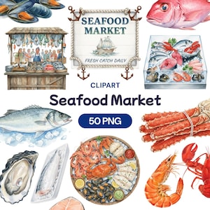 May include: A watercolour illustration of a seafood market, featuring a variety of fish, shellfish, and a market stall. The image includes a sign that reads "Seafood Market" and "Fresh Catch Daily". Text: "50 PNG".