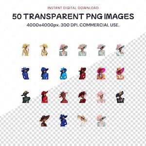 May include: Digital download graphic featuring 50 transparent PNG images of women wearing stylish hats and outfits. The images are 4000x4000px at 300 DPI, suitable for commercial use. The text reads: INSTANT DIGITAL DOWNLOAD.