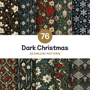 Könnte beinhalten: Eine Sammlung von 76 nahtlosen digitalen Mustern mit dem Titel Dark Christmas, die dunkle Hintergründe mit festlichen Motiven wie weißen Magnolien, roten Weihnachtssternen, goldenen Ornamenten, Christbaumkugeln, Schneeflocken und Rosen zeigen.