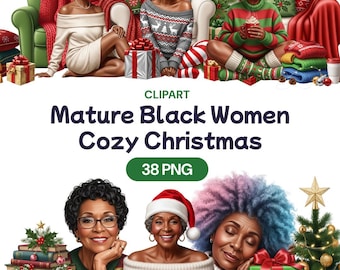 Mature Black Women Christmas Clipart, Cozy Granny PNG (Commercial Use)