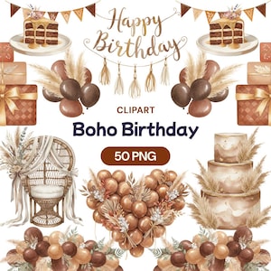 Puede incluir: Ilustración en acuarela con temática de cumpleaños bohemio. La imagen presenta un pastel, globos, regalos y una silla decorativa. El texto incluye "Happy Birthday", "Clipart", "Boho Birthday" y "50 PNG". La paleta de colores incluye marrón, beige y dorado.