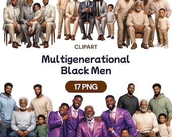 Multigenerational Black Men Clipart, African American Family PNG, Father Son Grandfather Graphic, Male Ancestry Art, Generational Bond