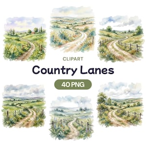 Könnte beinhalten: Aquarell-Clipart-Set mit sechs malerischen Illustrationen von Landstraßen. Jedes Bild zeigt einen kurvenreichen Feldweg durch grüne Hügel, mit Zäunen und Bäumen. Der Text "Country Lanes" und "40 PNG" sind ebenfalls enthalten.