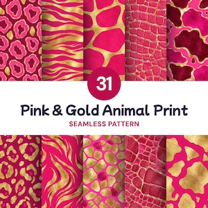 31 naadloze patronen met roze en gouden dierenprint, luipaard en zebra, digitaal papier PNG