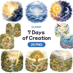 May include: A digital collection of 7 Days of Creation clipart featuring watercolor-style illustrations of landscapes, celestial bodies, animals, and figures, with the text CLIPART 7 Days of Creation 20 PNG centered in the middle of the image.