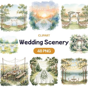 May include: Watercolor clipart featuring various wedding scenes. The images include outdoor settings with tables, chairs, and floral arrangements. The text "Wedding Scenery" and "48 PNG" are also included in the image.