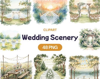 Wedding Scenery Clipart, 48 Watercolor Outdoor Venue PNG, Garden Ceremony Arch, Reception Table, Rustic Landscape, Lake Background, Gazebo