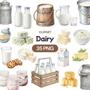 May include: Watercolor clipart featuring dairy products. Includes milk bottles, cheese, butter, yogurt, milk carton, and a wooden bucket filled with milk. The text "Dairy" and "35 PNG" are also visible.