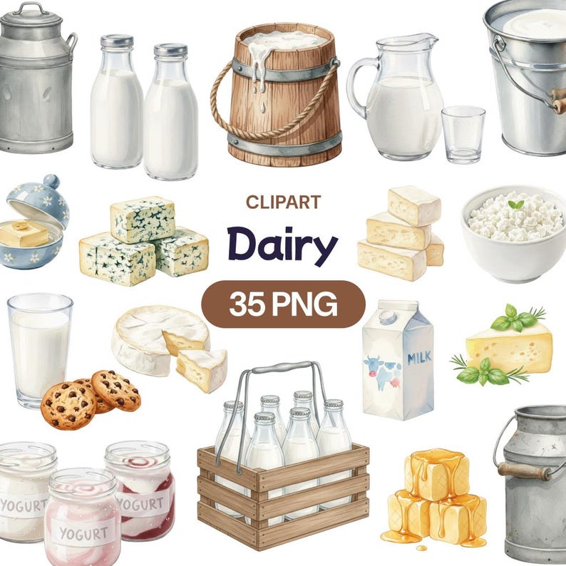 Dairy Clipart, Watercolor Milk Cheese PNG, Farm Fresh Butter Yogurt ...