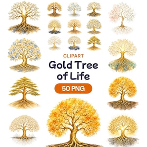 Gold Tree of Life Clipart, Mystical Roots PNG, Spiritual Nature Graphics (50 PNG)