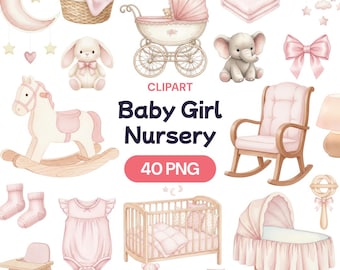 Watercolor Baby Girl Nursery Clipart, 40 Pink Newborn PNG, Infant Room Decor Graphics, Whimsical Toddler Cradle Art, Toy Furniture Bundle