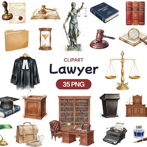 May include: A collection of watercolor illustrations featuring legal and law-related items. Includes a gavel, scales of justice, books, a judge's robe, and the text "Lawyer" and "35 PNG".