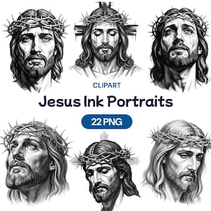 May include: A collection of six black and white ink portraits of Jesus wearing a crown of thorns. The text "Jesus Ink Portraits" and "22 PNG" are also included in the image.