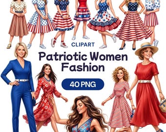 Patriotic Women Fashion Clipart, 4th of July PNG, Red White Blue Dress Graphic