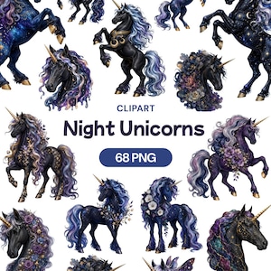 Könnte beinhalten: Eine digitale Sammlung von Einhorn-Illustrationen mit schwarzen Pferden, Galaxie-Mustern im Fell, fließenden Mähnen in Blau- und Violetttönen sowie goldenen Hörnern. Der Text lautet CLIPART Night Unicorns 68 PNG und zeigt verschiedene Posen.