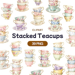 Stacked Teacups Clipart, Vintage Floral Porcelain PNG, Shabby Chic Illustrations