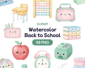 Op de afbeelding: Waterverf clipartset met schoolthema-illustraties. Inclusief een bureau, telraam, lunchbox, boeken, etui, appel, wekker, puntenslijper, pakje sap en meer. De tekst luidt "Watercolor Back to School" en "58 PNG".