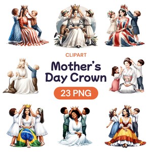 Clipart de coroa do dia das mães, pacote digital fofo de aquarela para o dia das mães PNG, mamãe rainha real, presente para ela, licença de uso comercial