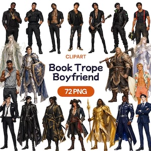 May include: A collection of 72 digital clipart illustrations featuring diverse male characters in various outfits, including suits, armor, fantasy attire, and casual wear, with the text CLIPART Book Trope Boyfriend 72 PNG displayed centrally.
