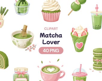 Matcha Dessert Clipart, Kawaii Green Tea, Japanese Sweets (PNG)