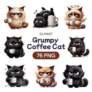Grumpy Coffee Cat Clipart, Cute Watercolor Quirky Kitten PNG, Adorable Kitty Digital Transparent Illustration Bundle, Commercial Use License