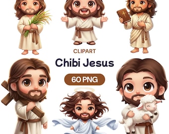 Clipart de Jesús Chibi, 60 PNG, Linda caricatura cristiana en 3D, Gráfico de Cristo Kawaii, Impresión de historia bíblica para niños, Arte de escuela dominical, Bautismo